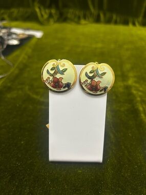 Vintage Hand-Painted Floral Round Earrings - Gold & Red CLIP ON